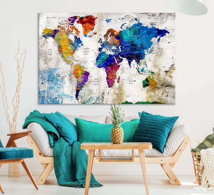 Rainbow Color Detailed Push Pin World Map Canvas Print Extra Large Wall Art