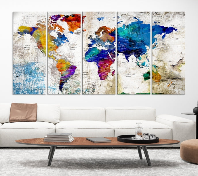 Rainbow Color Detailed Push Pin World Map Canvas Print Extra Large Wall Art