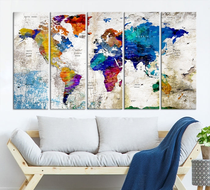 Rainbow Color Detailed Push Pin World Map Canvas Print Extra Large Wall Art