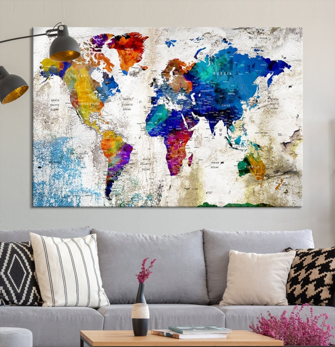 Rainbow Color Detailed Push Pin World Map Canvas Print Extra Large Wall Art