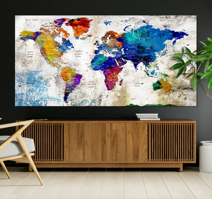 Rainbow Color Detailed Push Pin World Map Canvas Print Extra Large Wall Art