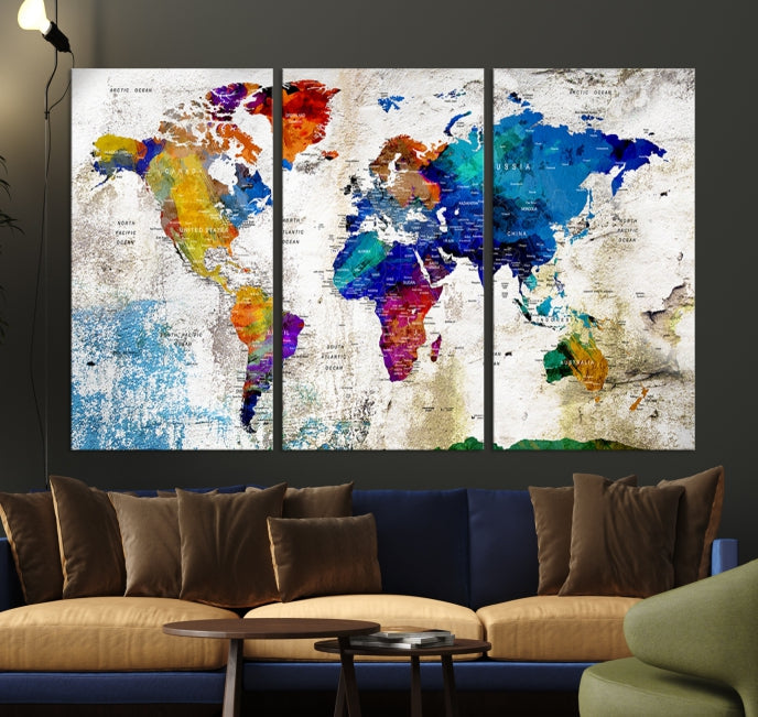 Rainbow Color Detailed Push Pin World Map Canvas Print Extra Large Wall Art