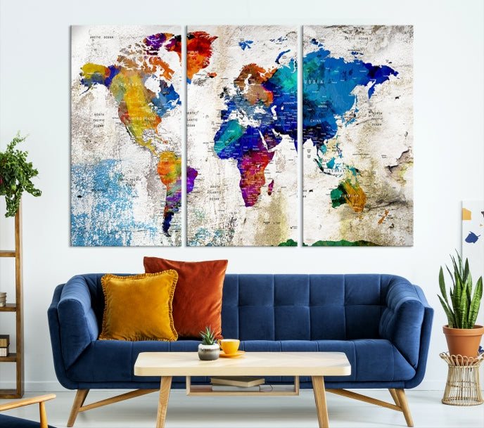 Rainbow Color Detailed Push Pin World Map Canvas Print Extra Large Wall Art