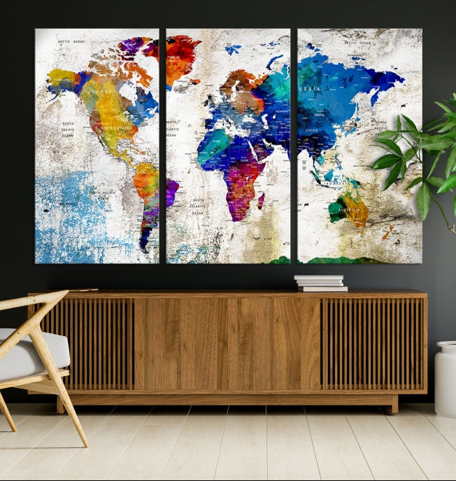 Rainbow Color Detailed Push Pin World Map Canvas Print Extra Large Wall Art