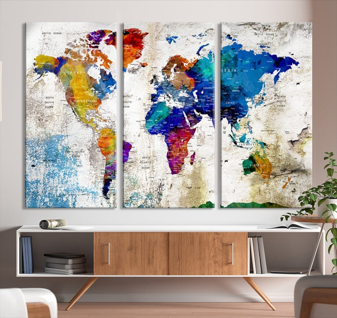 Rainbow Color Detailed Push Pin World Map Canvas Print Extra Large Wall Art