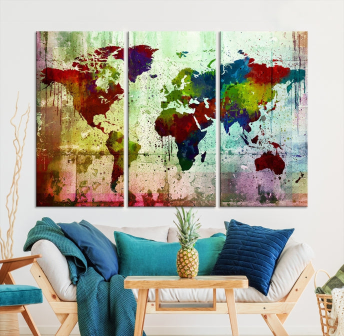 Rainbow Colorful World Map Canvas Wall Art Print