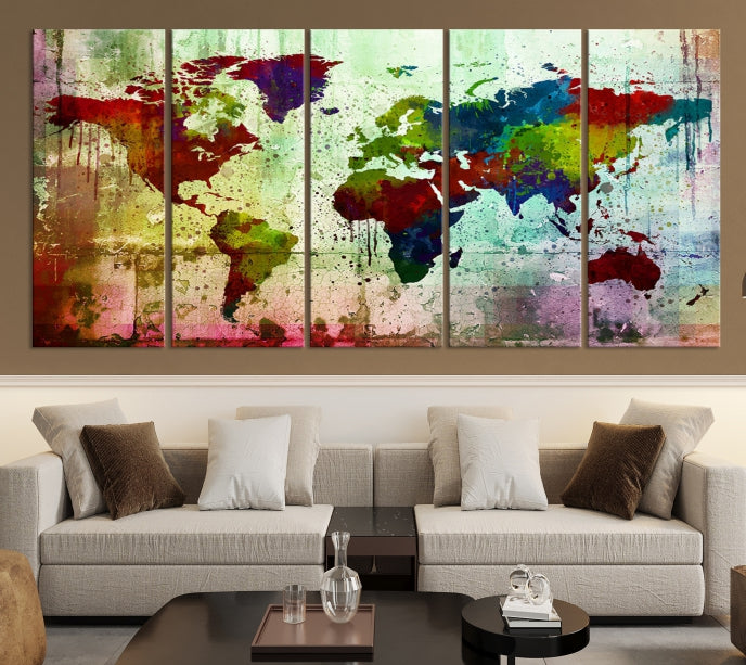 Rainbow Colorful World Map Canvas Wall Art Print