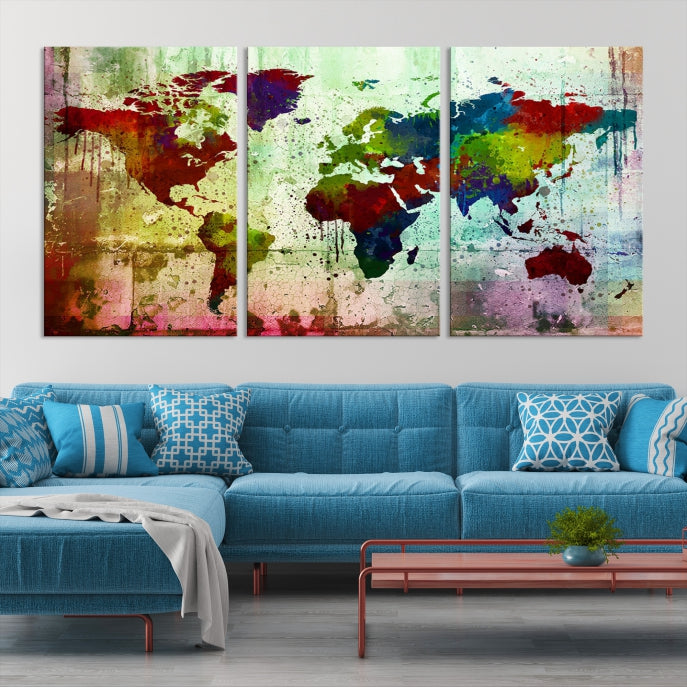 Rainbow Colorful World Map Canvas Wall Art Print