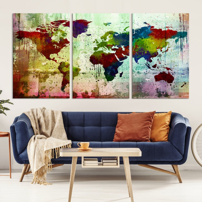 Rainbow Colorful World Map Canvas Wall Art Print