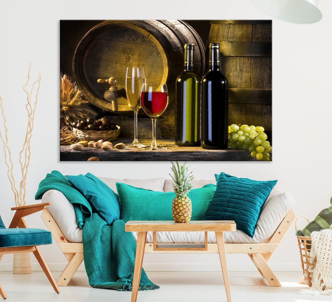 Red and White Wine with Bottles and Tun Giclee Canvas Wall Art Print