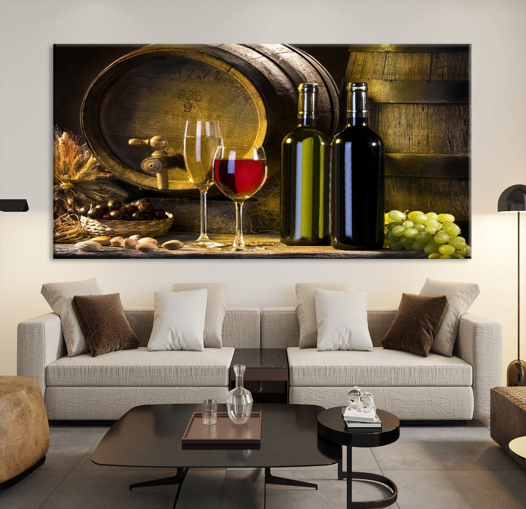 Red and White Wine with Bottles and Tun Giclee Canvas Wall Art Print