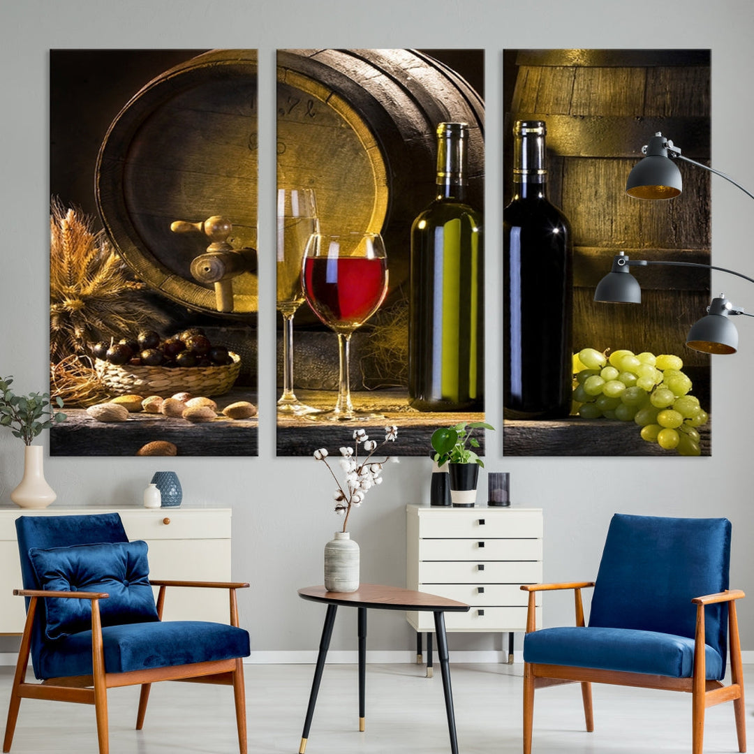 Red and White Wine with Bottles and Tun Giclee Canvas Wall Art Print