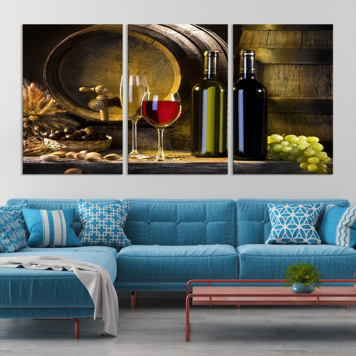 Red and White Wine with Bottles and Tun Giclee Canvas Wall Art Print