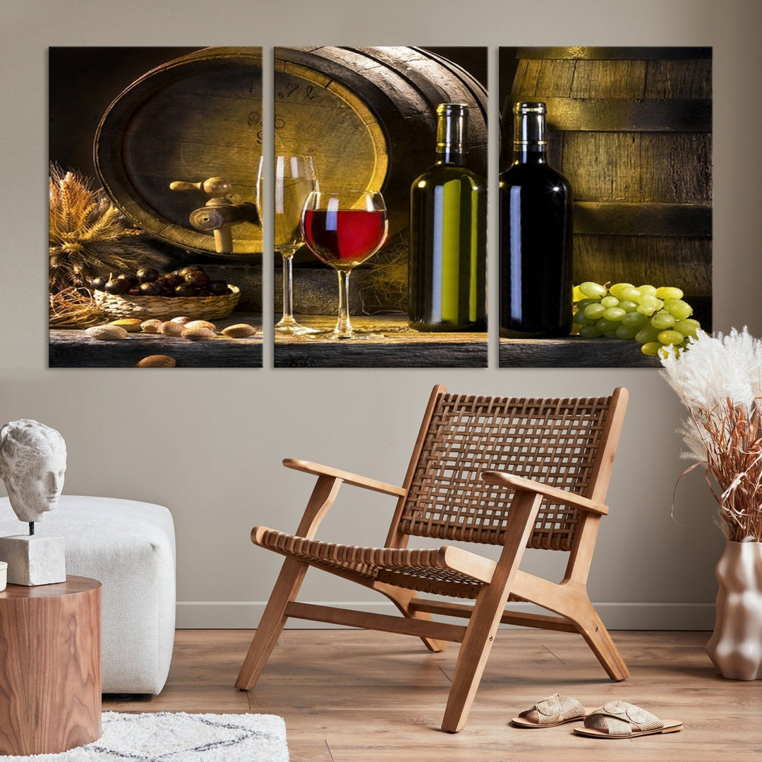 Red and White Wine with Bottles and Tun Giclee Canvas Wall Art Print