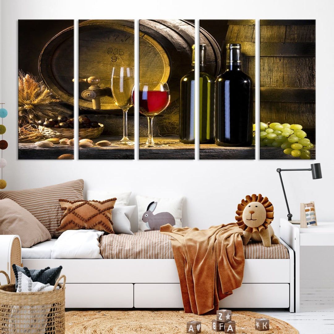 Red and White Wine with Bottles and Tun Giclee Canvas Wall Art Print