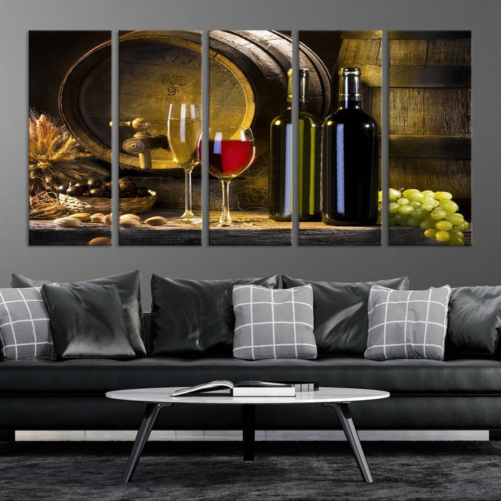 Red and White Wine with Bottles and Tun Giclee Canvas Wall Art Print