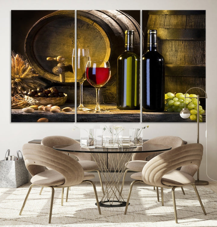 Red and White Wine with Bottles and Tun Giclee Canvas Wall Art Print