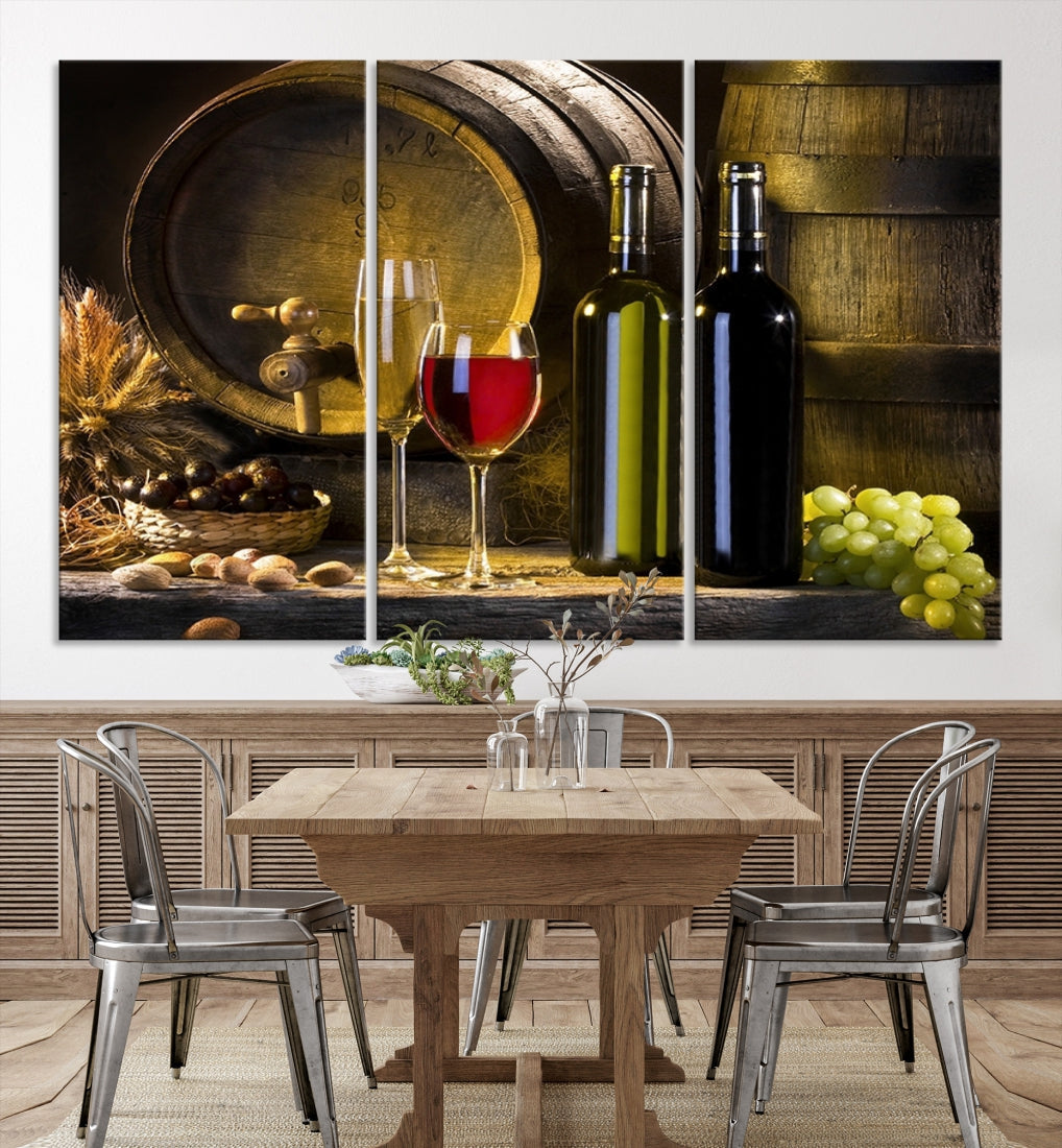 Red and White Wine with Bottles and Tun Giclee Canvas Wall Art Print