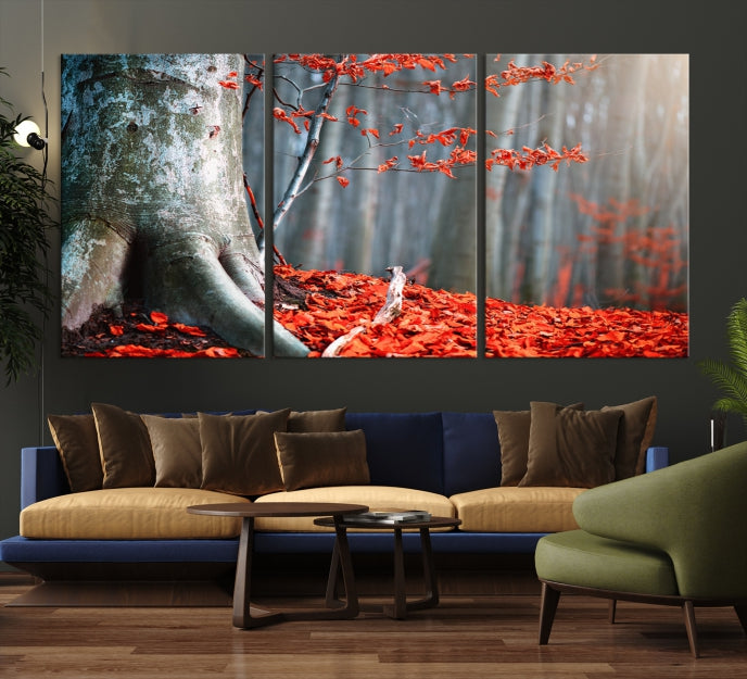 Red Leaves and Autumn Forest Extra Large Canvas Art Print Wall Decor