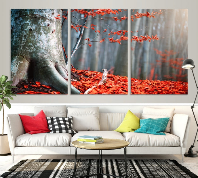 Red Leaves and Autumn Forest Extra Large Canvas Art Print Wall Decor