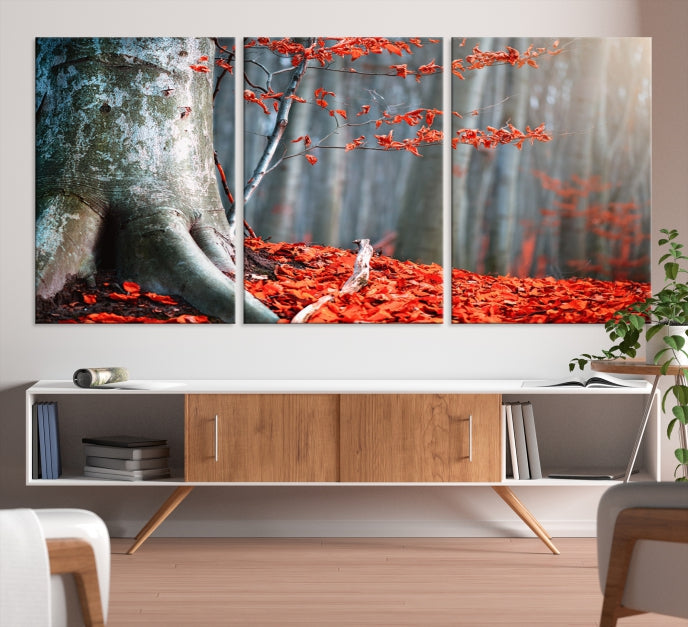 Red Leaves and Autumn Forest Extra Large Canvas Art Print Wall Decor