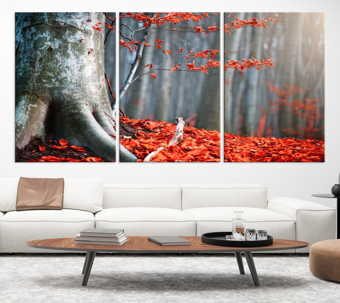 Red Leaves and Autumn Forest Extra Large Canvas Art Print Wall Decor