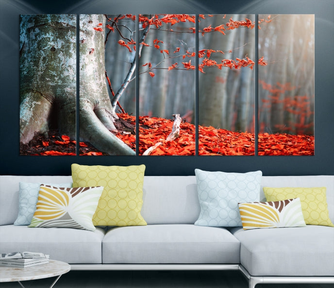 Red Leaves and Autumn Forest Extra Large Canvas Art Print Wall Decor