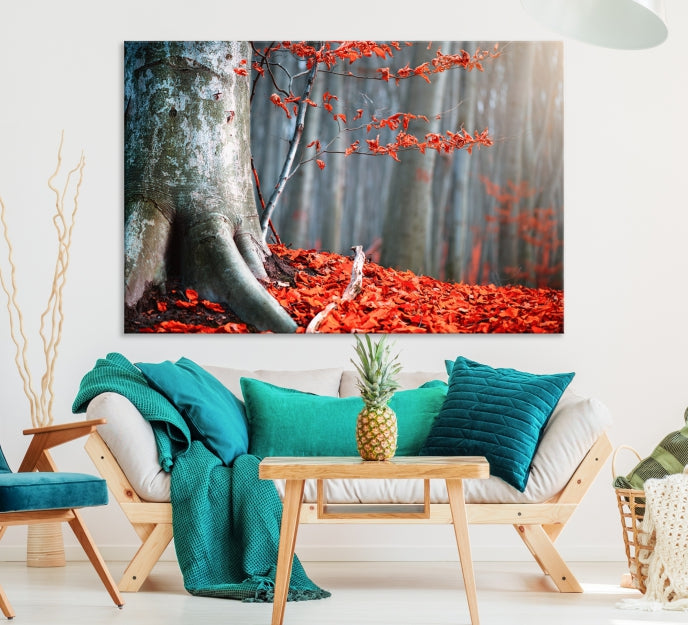 Red Leaves and Autumn Forest Extra Large Canvas Art Print Wall Decor