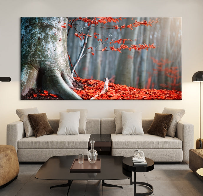 Red Leaves and Autumn Forest Extra Large Canvas Art Print Wall Decor