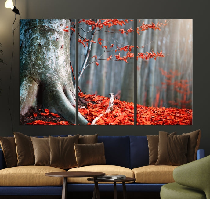 Red Leaves and Autumn Forest Extra Large Canvas Art Print Wall Decor