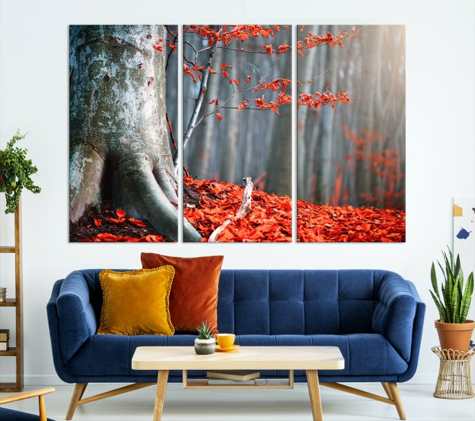 Red Leaves and Autumn Forest Extra Large Canvas Art Print Wall Decor