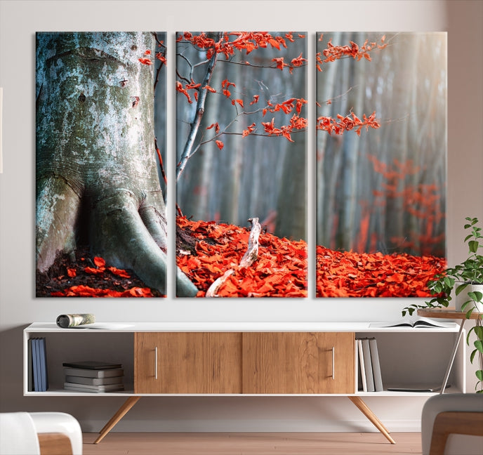 Red Leaves and Autumn Forest Extra Large Canvas Art Print Wall Decor