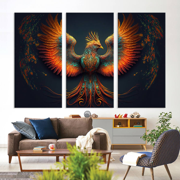 Red Orange Bird Canvas Art, Long Tailed Bird of Paradise, Phoenix Canvas Art,