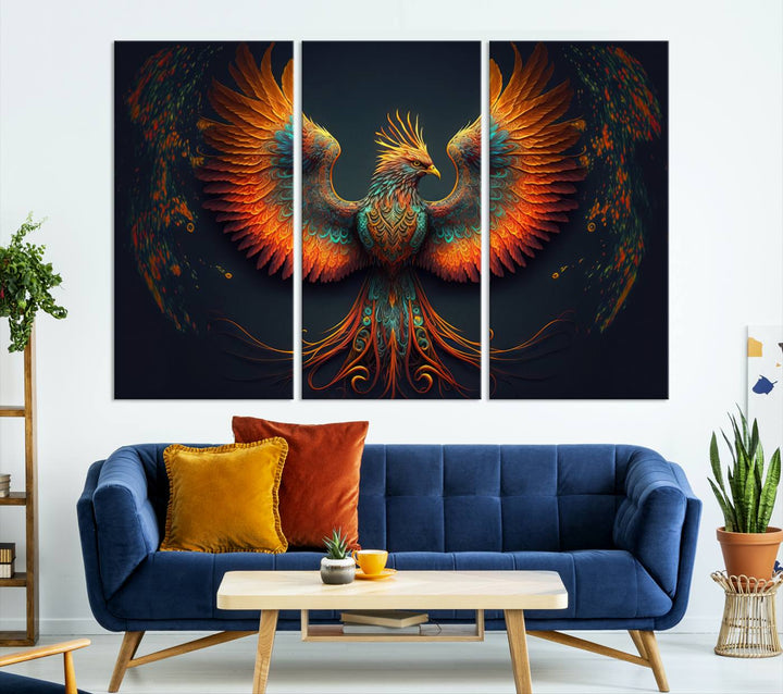 Red Orange Bird Canvas Art, Long Tailed Bird of Paradise, Phoenix Canvas Art,