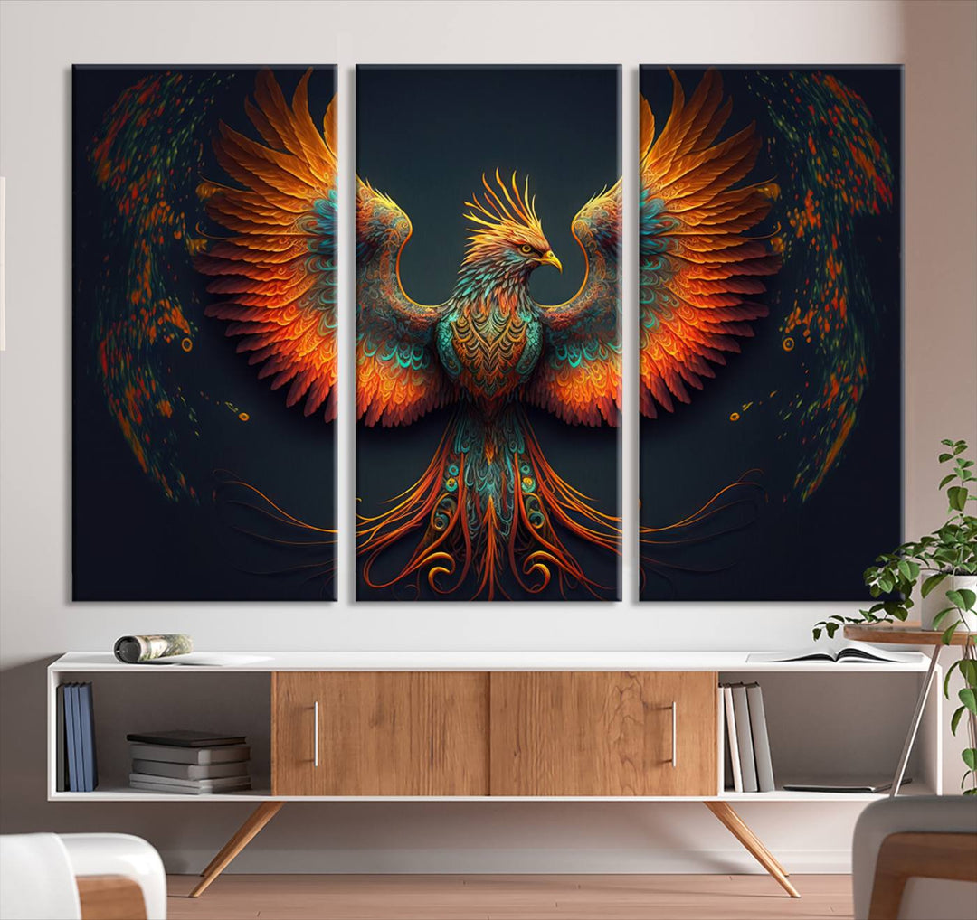 Red Orange Bird Canvas Art, Long Tailed Bird of Paradise, Phoenix Canvas Art,