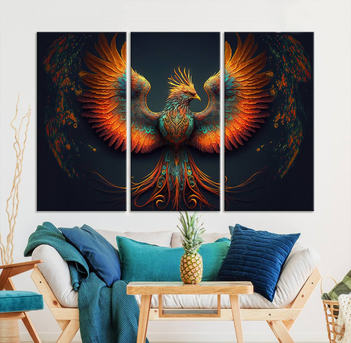 Red Orange Bird Canvas Art, Long Tailed Bird of Paradise, Phoenix Canvas Art,