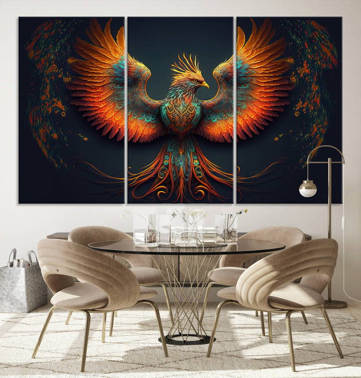 Red Orange Bird Canvas Art, Long Tailed Bird of Paradise, Phoenix Canvas Art,