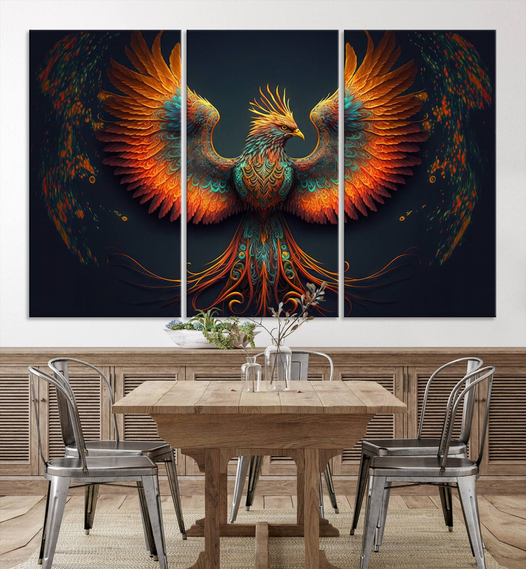 Red Orange Bird Canvas Art, Long Tailed Bird of Paradise, Phoenix Canvas Art,