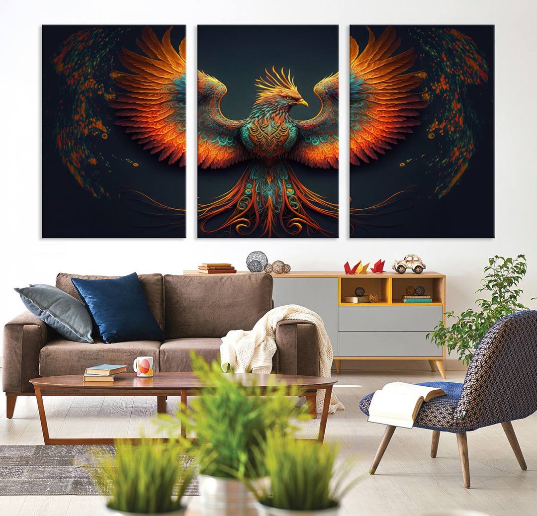 Red Orange Bird Canvas Art, Long Tailed Bird of Paradise, Phoenix Canvas Art,