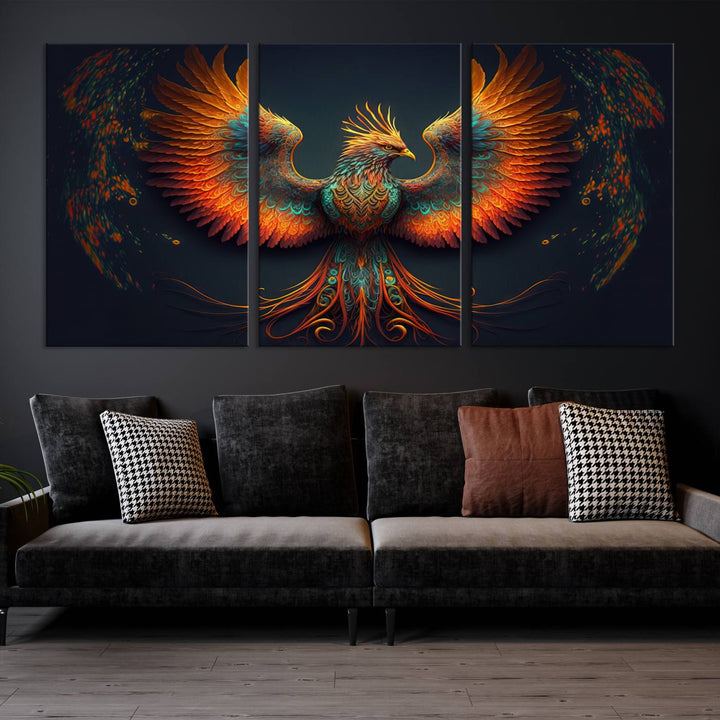 Red Orange Bird Canvas Art, Long Tailed Bird of Paradise, Phoenix Canvas Art,