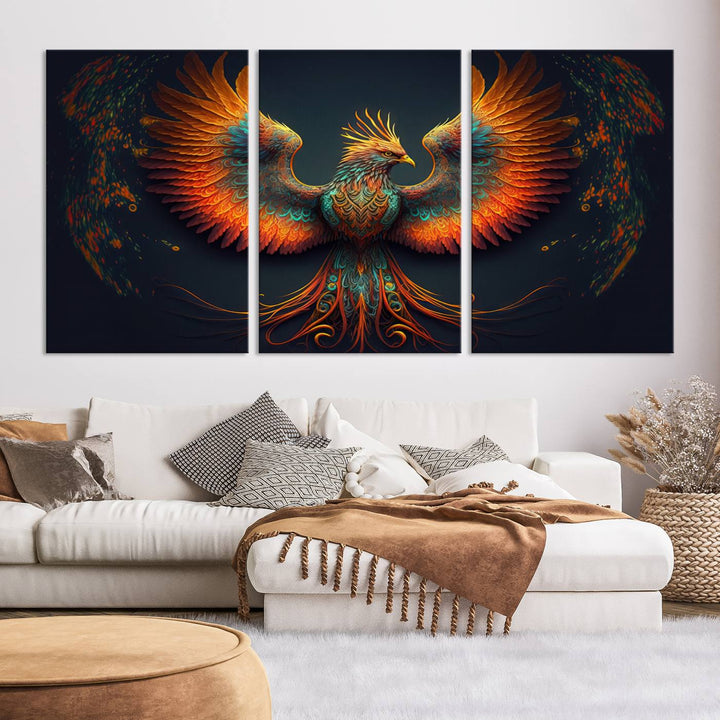 Red Orange Bird Canvas Art, Long Tailed Bird of Paradise, Phoenix Canvas Art,