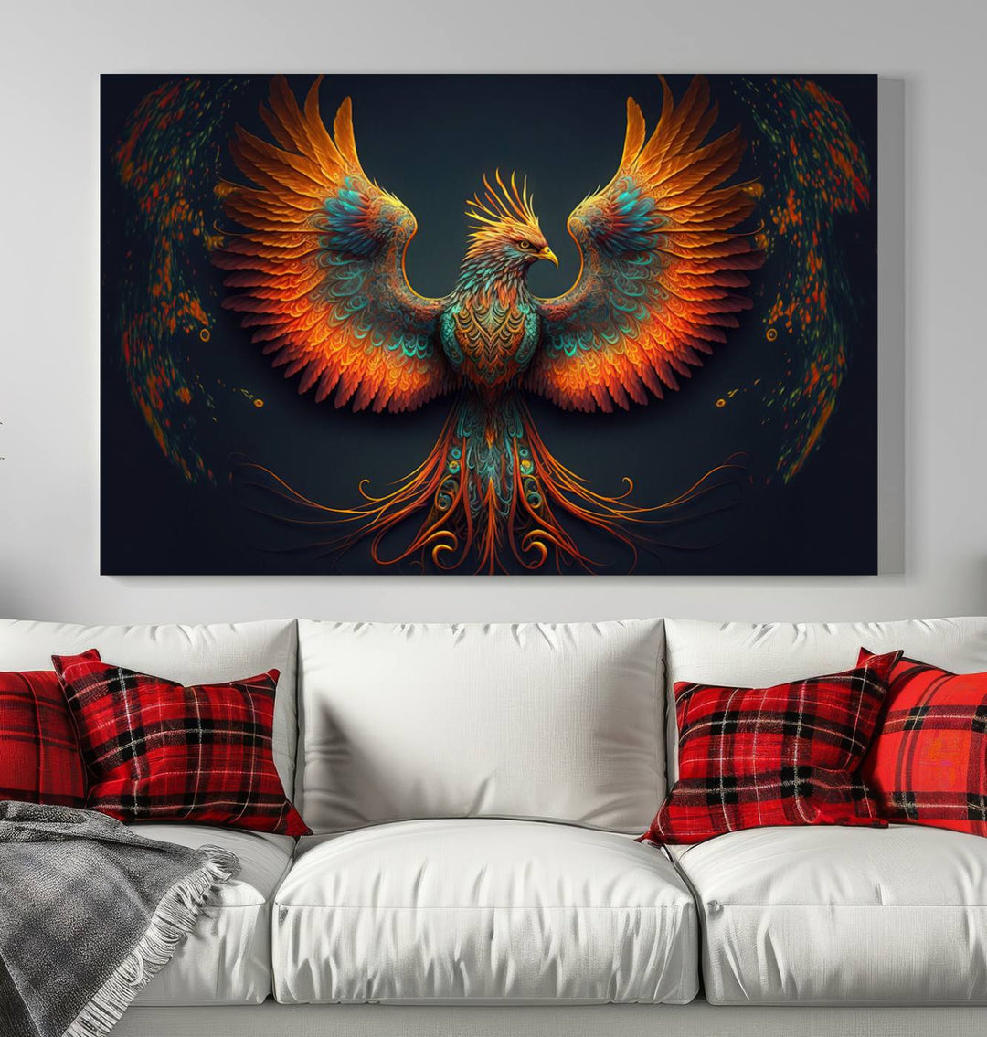 Red Orange Bird Canvas Art, Long Tailed Bird of Paradise, Phoenix Canvas Art,