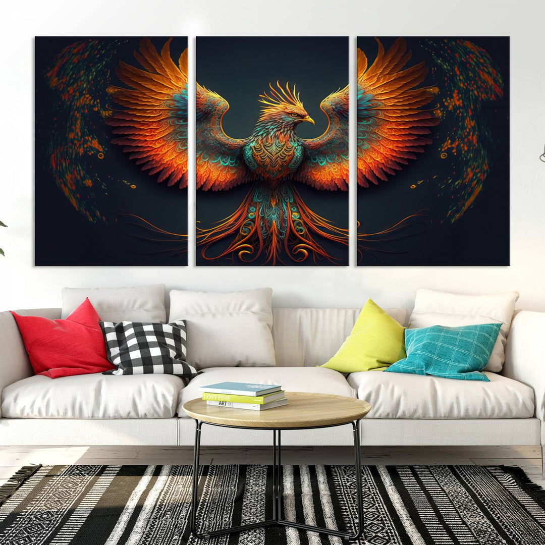 Red Orange Bird Canvas Art, Long Tailed Bird of Paradise, Phoenix Canvas Art,