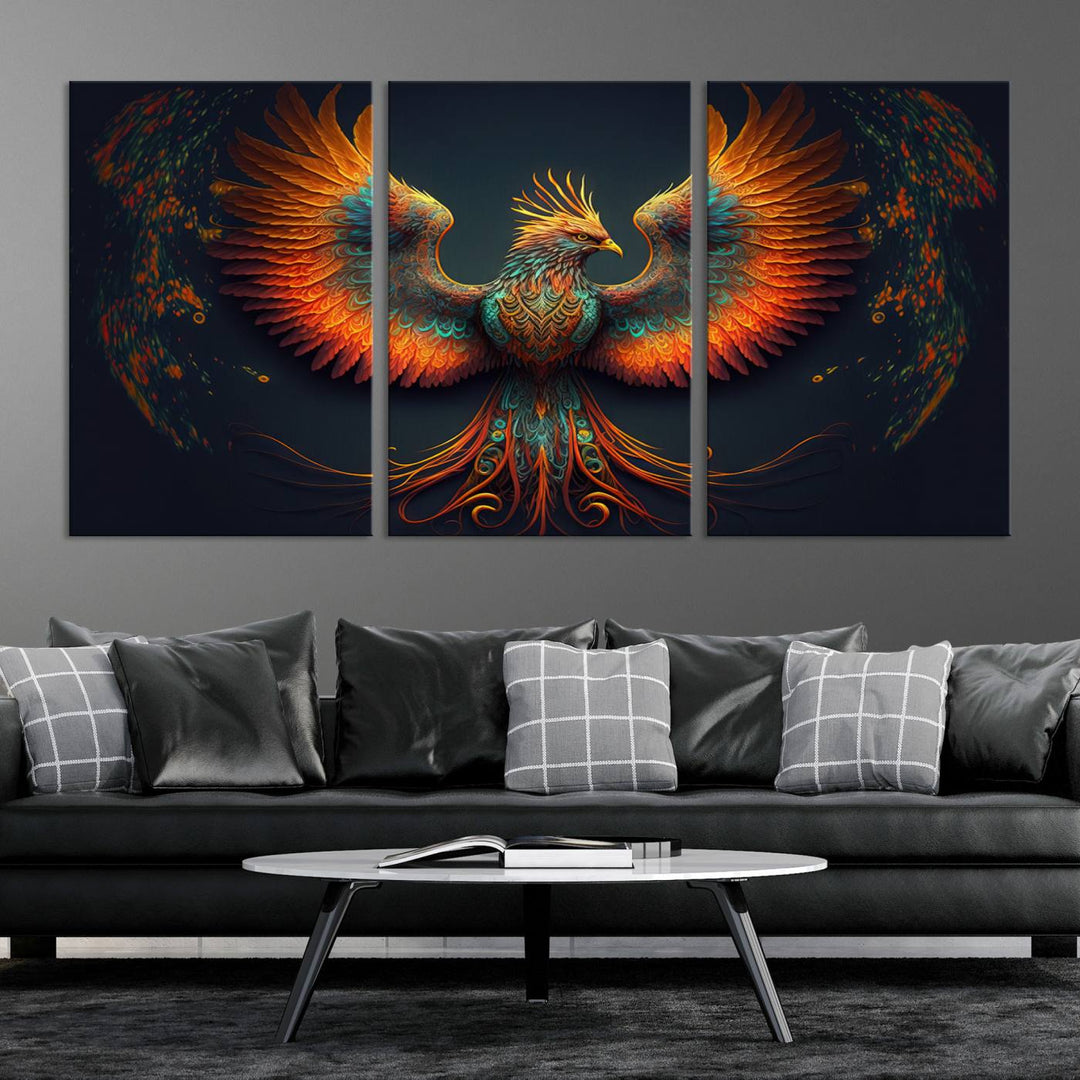 Red Orange Bird Canvas Art, Long Tailed Bird of Paradise, Phoenix Canvas Art,