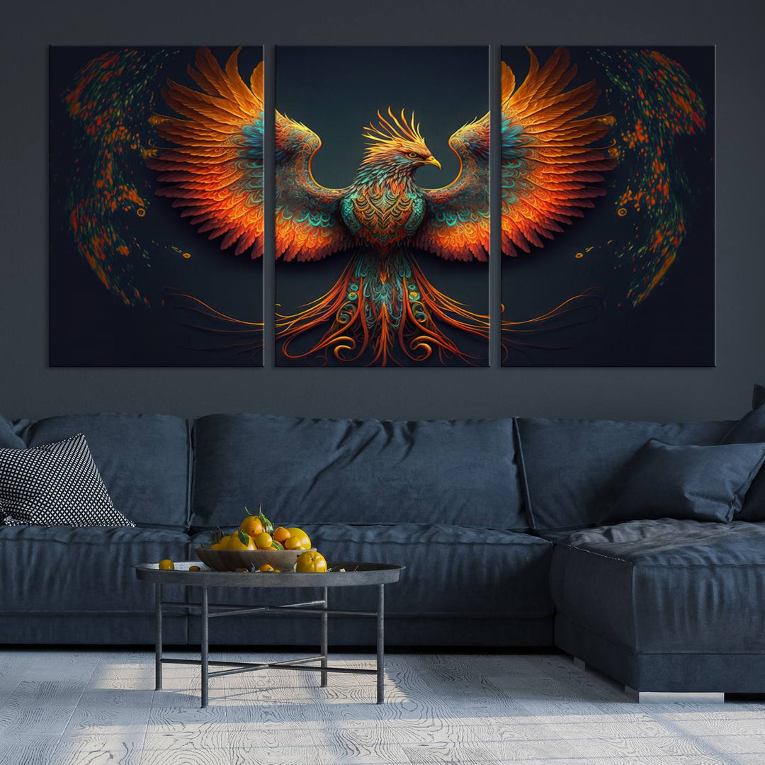 Red Orange Bird Canvas Art, Long Tailed Bird of Paradise, Phoenix Canvas Art,