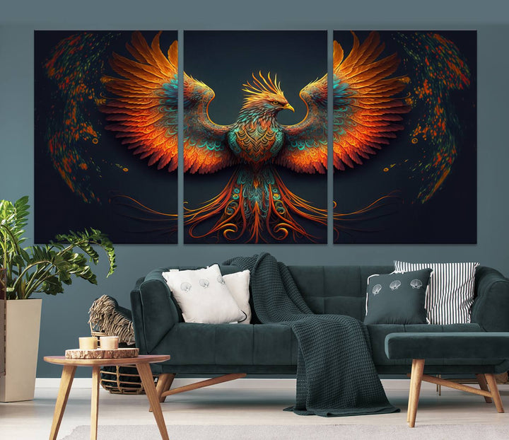 Red Orange Bird Canvas Art, Long Tailed Bird of Paradise, Phoenix Canvas Art,