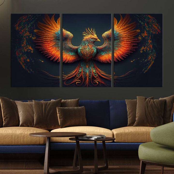 Red Orange Bird Canvas Art, Long Tailed Bird of Paradise, Phoenix Canvas Art,