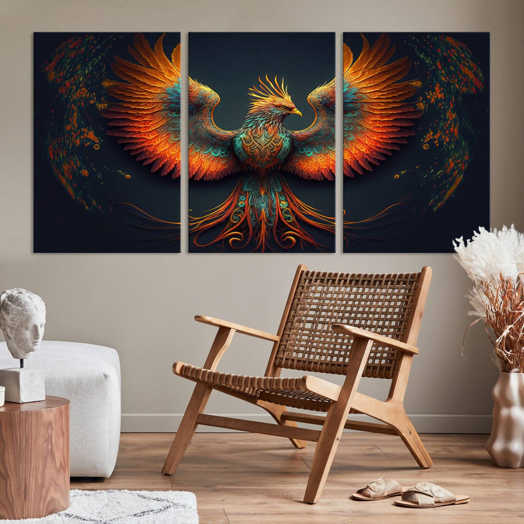 Red Orange Bird Canvas Art, Long Tailed Bird of Paradise, Phoenix Canvas Art,