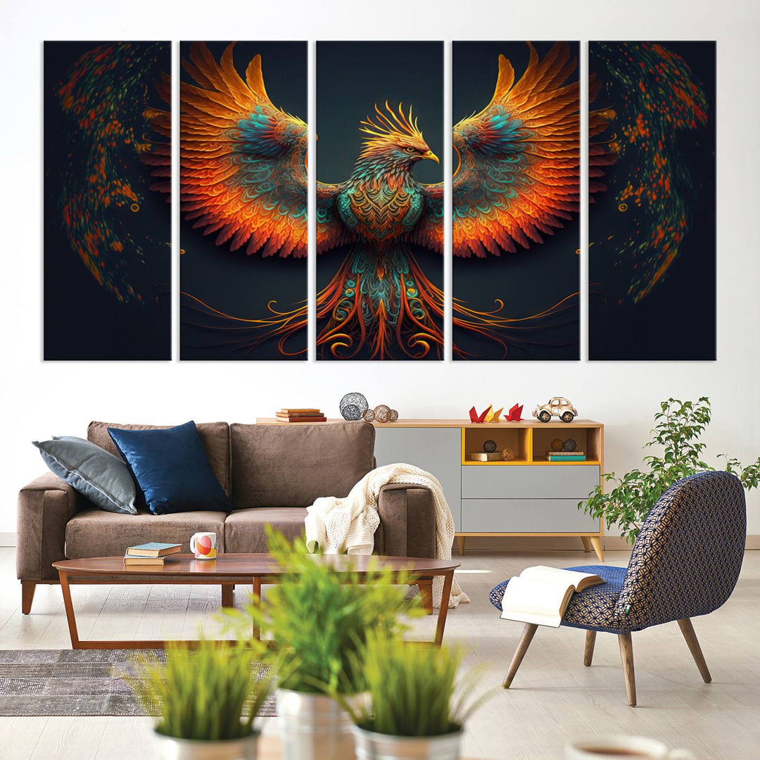 Red Orange Bird Canvas Art, Long Tailed Bird of Paradise, Phoenix Canvas Art,