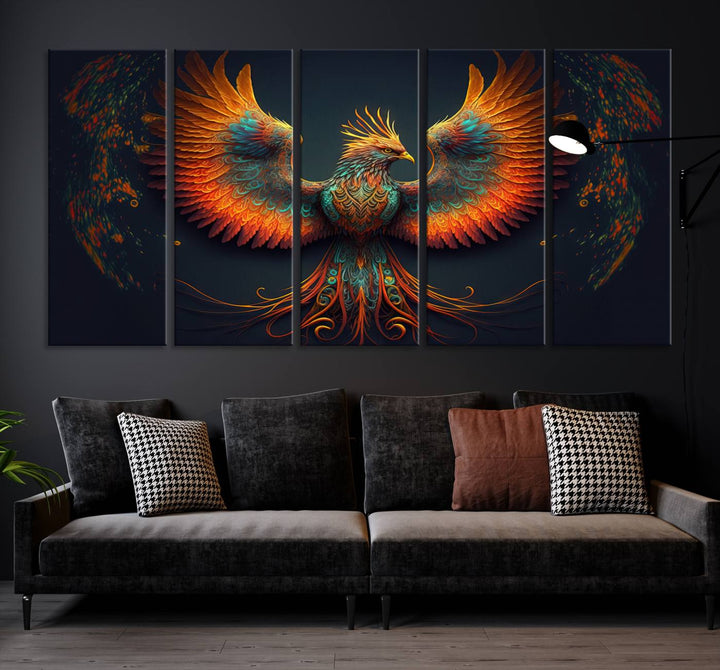 Red Orange Bird Canvas Art, Long Tailed Bird of Paradise, Phoenix Canvas Art,